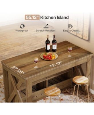 Kitchen Island with Storage and Seating, 55" Farmhouse Stationary Island Table