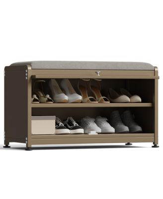 Shoe Storage Bench with Cushion Seat, Modern Shoe Organizer Cabinet with Flip-Down Door, Sturdy Metal Frame & Comfortable Seating for Entryway