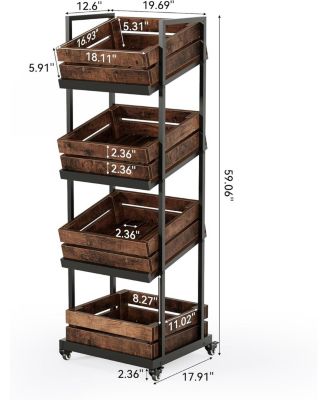 4-Tier Wooden Kitchen Cart with Wheels, Mobile Fruit and Vegetable Storage, Utility Shelf