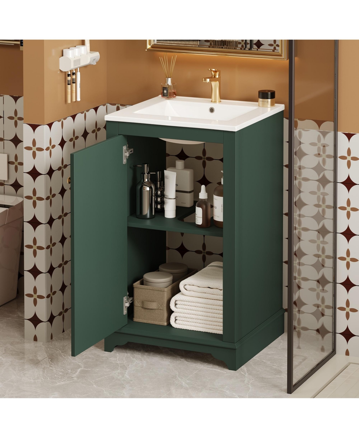 Casainc 20-Inch Bathroom Vanity with Ceramic Sink, Freestanding Single Vanity, Soft-Close Door & Adjustable Shelf