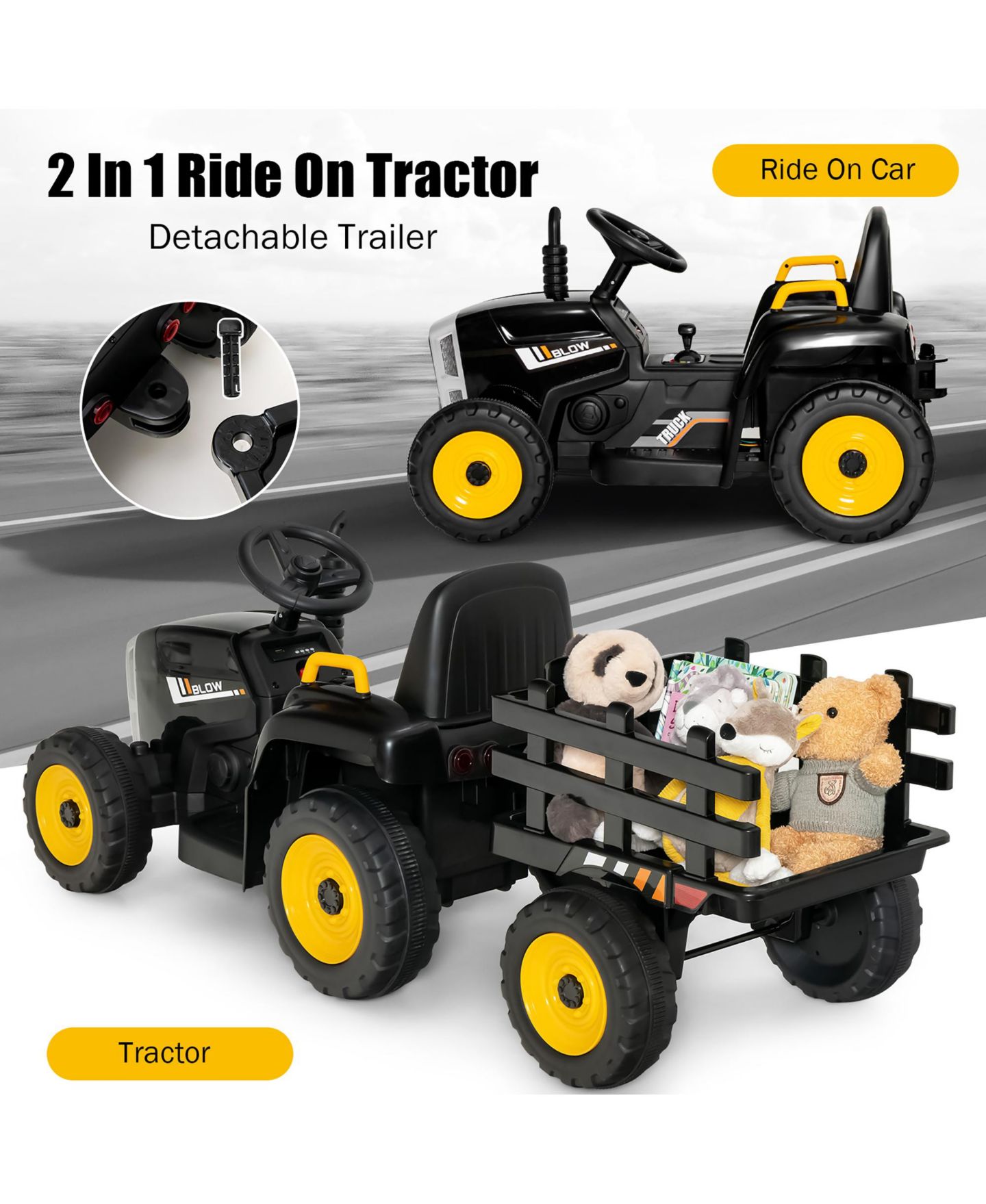 Детская игрушка Costway 12V Ride-On Tractor with Remote Control and Detachable Trailer, 66 lbs Capacity, Ages 3+, цвет: Чёрный — фото 4