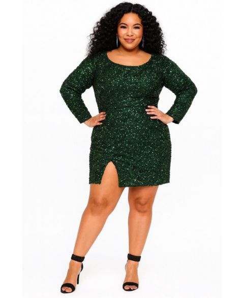 Женское платье Sydney's Closet Plus Size Long Sleeve Sequin Cocktail, цвет: Тёмно-зелёный