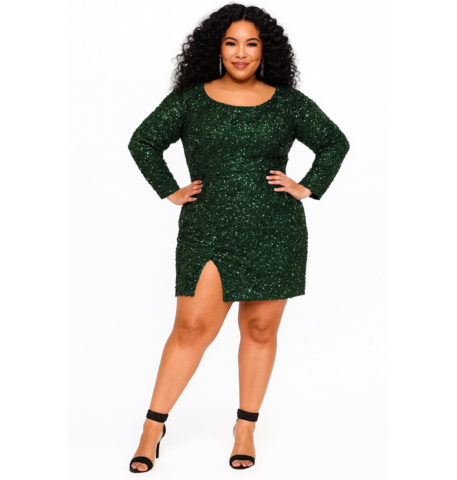 Plus Size Long Sleeve Sequin Cocktail Dress