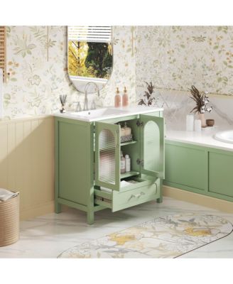 36-Inch Bathroom Cabinet with Waffle Texture Doors, Four Drawers, Two Soft-Close Doors & Glass Storage