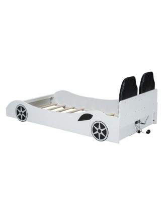 Wood Twin Size Race Car-Shaped Platform Bed with LED and Upholstered Backrest, White