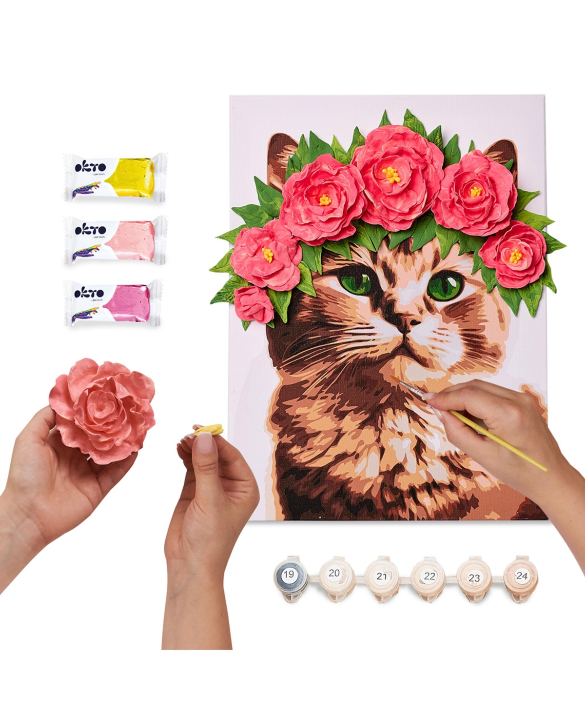 Wise Elk Okto Air-Dry Clay 3D Painting Kit – Kit a Cat in a Flower Crown (11.8 x 15.7 in)