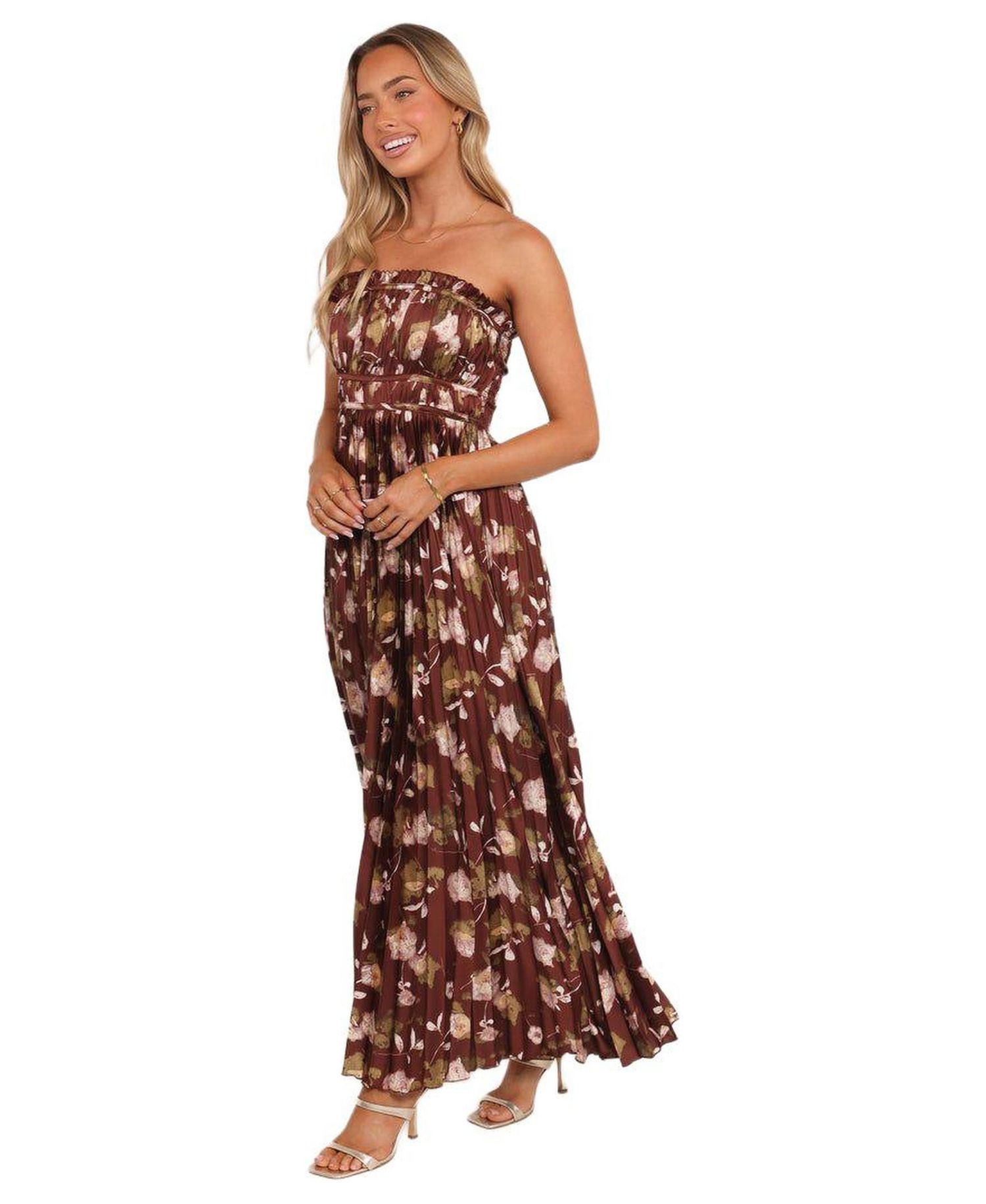 Women's Angelique Strapless Maxi Dress - Brown Floral