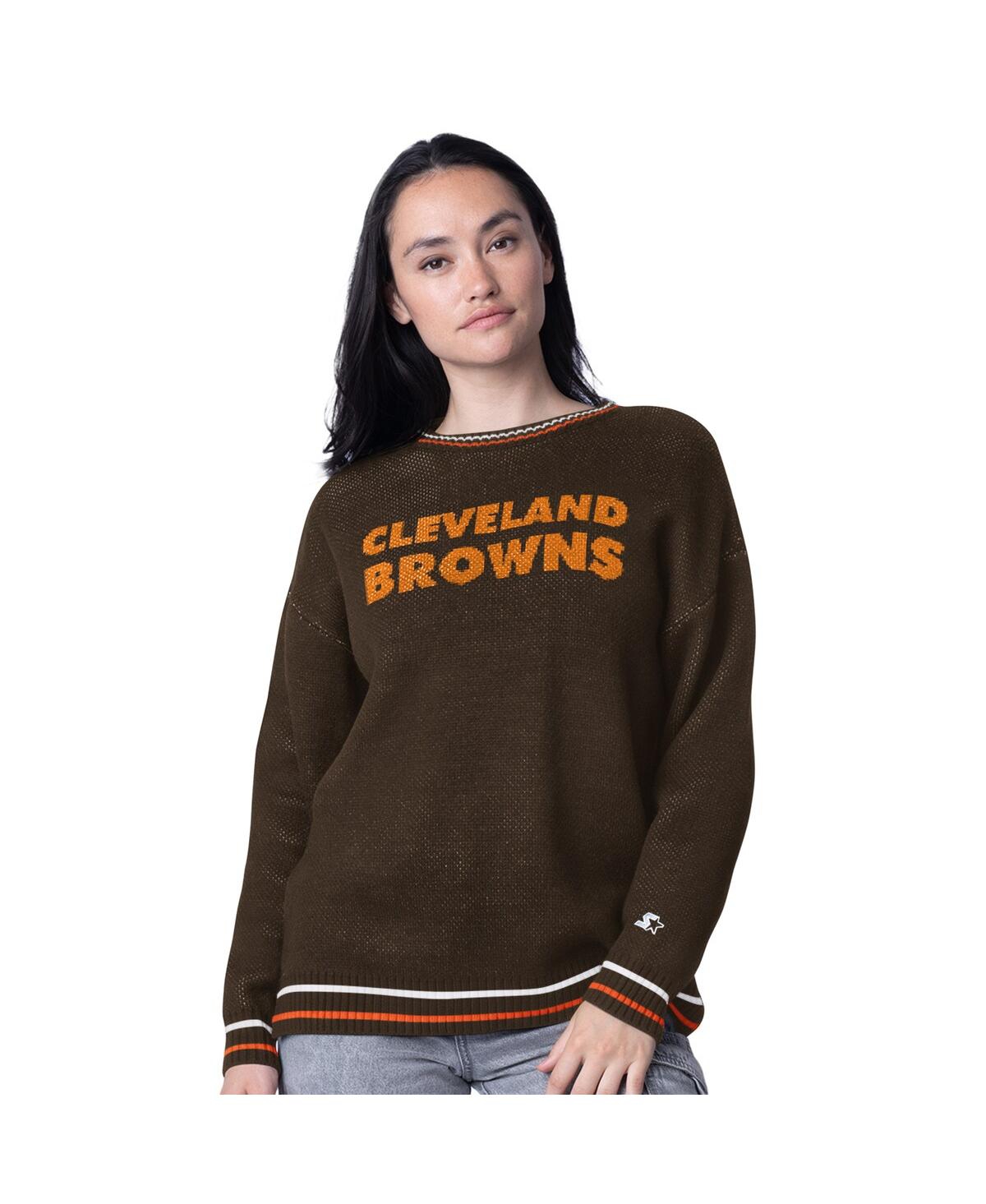 Starter Women's Brown Cleveland Browns Oversized On The Ball Intarsia Knit Pullover Sweater In Brown