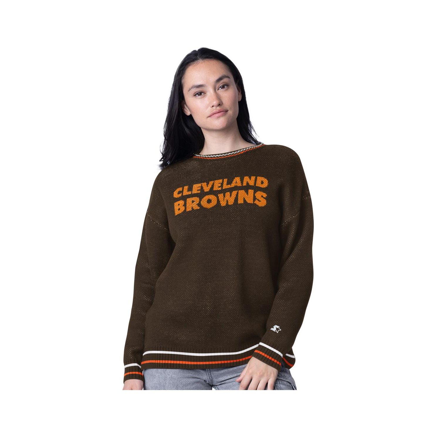 Women's Brown Cleveland Browns Oversized On the Ball Intarsia Knit Pullover Sweater