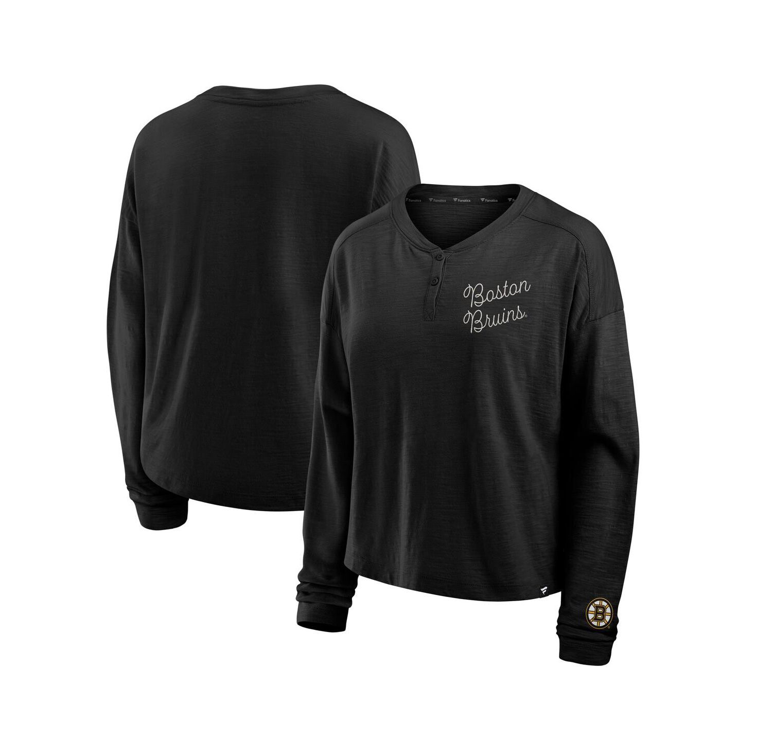 Women's Black Boston Bruins Oversized All Out Effort Long Sleeve Henley T-Shirt