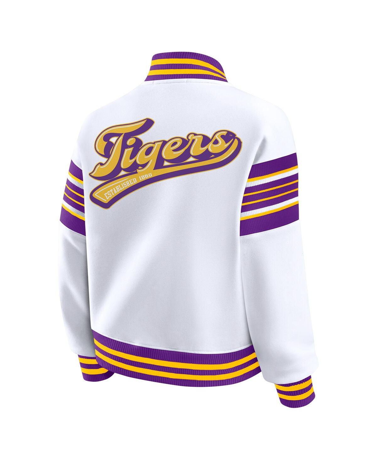 Wear By Erin Andrews Women's White/purple Lsu Tigers Satin Stitch Full-snap Fleece Sweatshirt Jacket In Multi