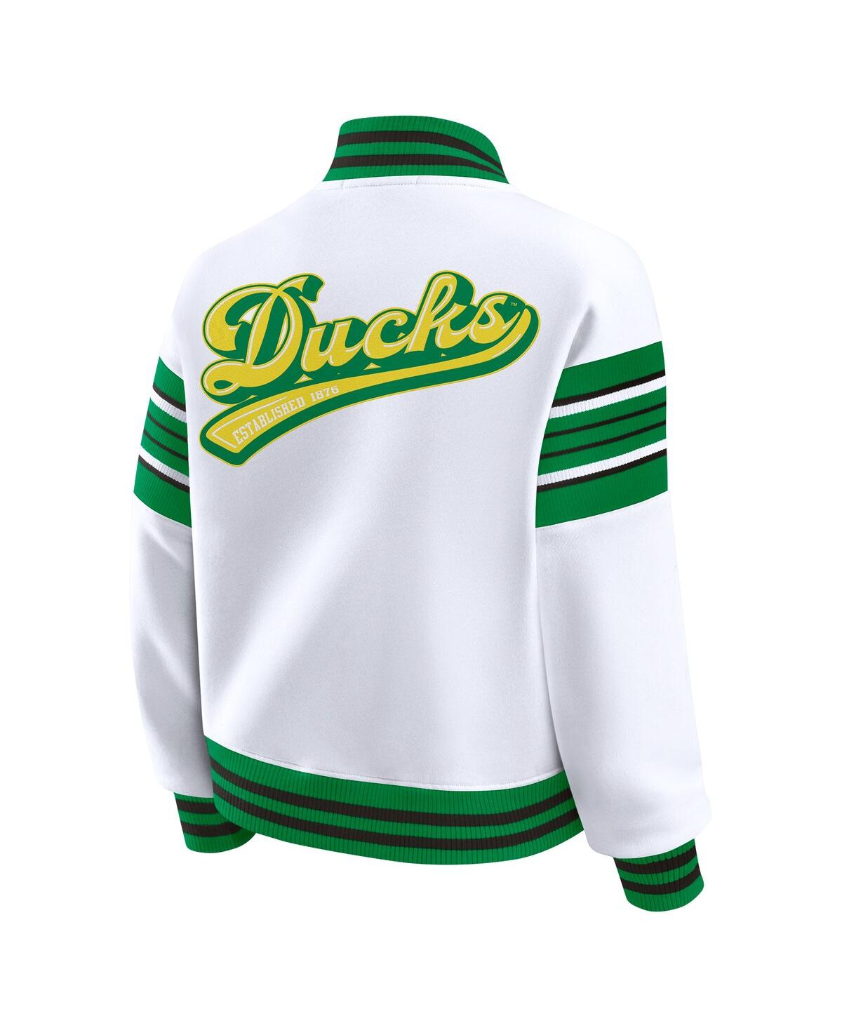 Wear By Erin Andrews Women's White/green Oregon Ducks Satin Stitch Full-snap Fleece Sweatshirt Jacket In White
