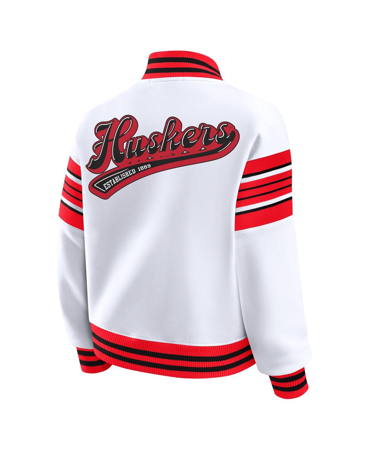 Wear By Erin Andrews Women's White/scarlet Nebraska Huskers Satin Stitch Full-snap Fleece Sweatshirt Jacket In White