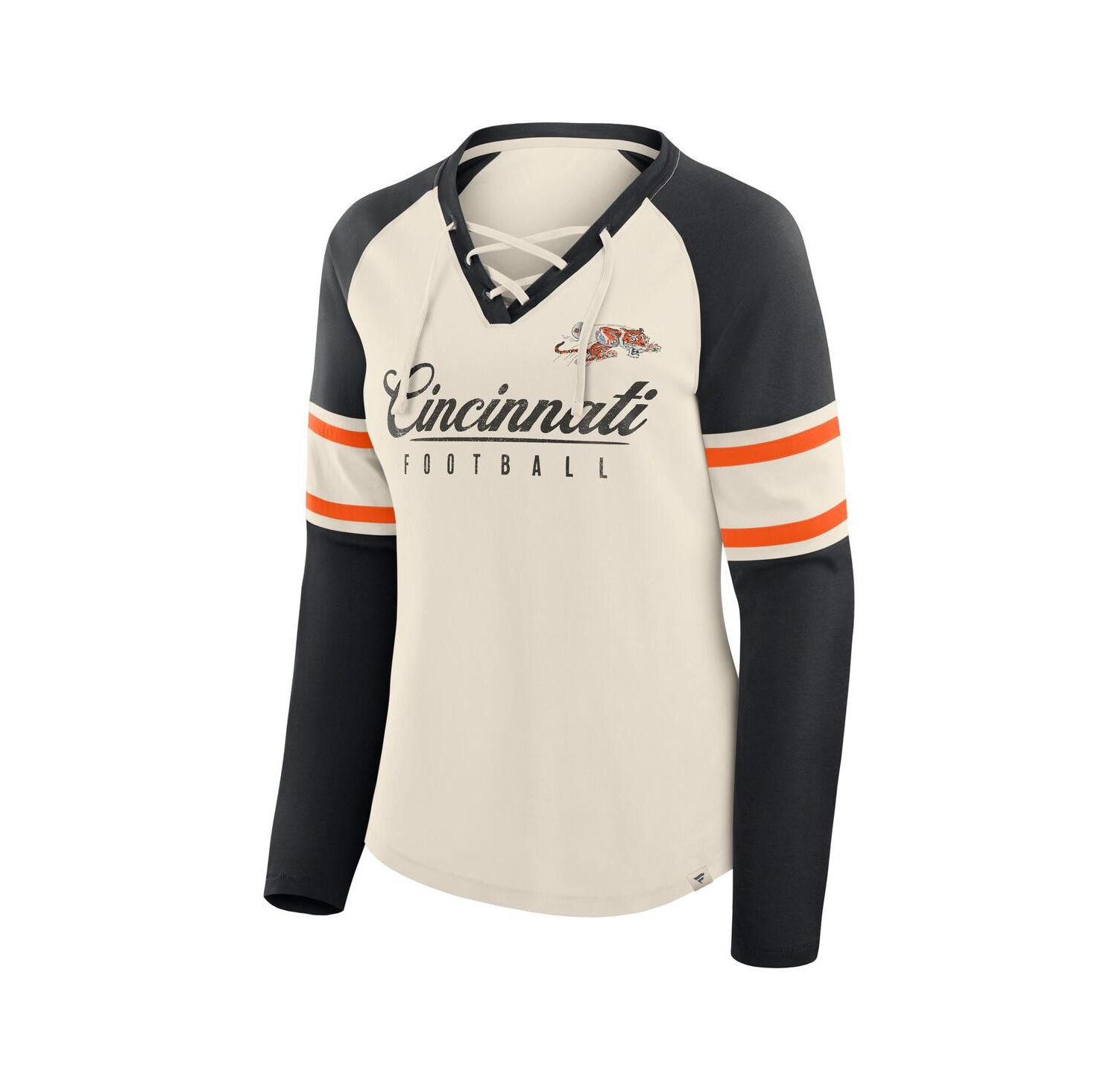 Women's Cream/Black Cincinnati Bengals Hometown Gridiron Hero Raglan Lace-Up V-Neck Long Sleeve T-Shirt