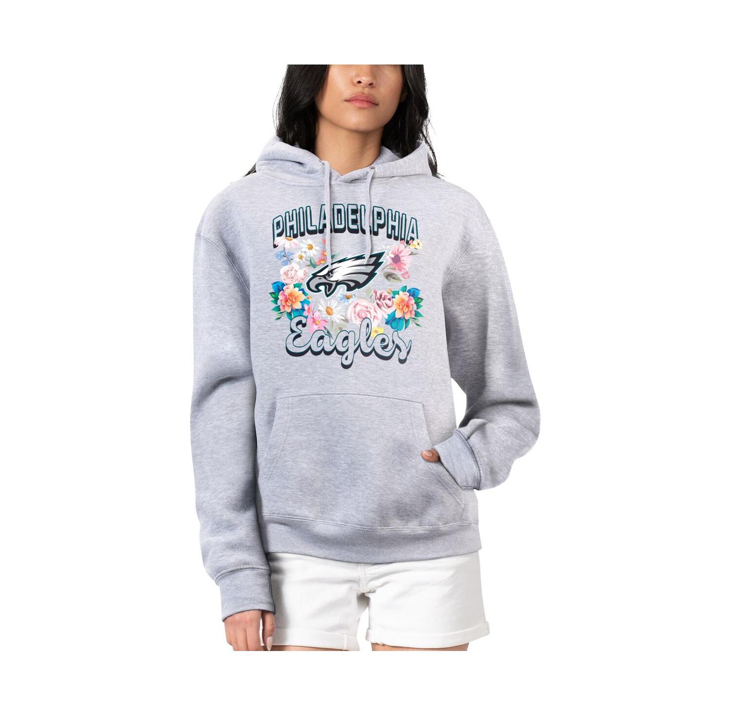 Women's Heather Gray Philadelphia Eagles Flowers Team Logo Graphic Fleece Pullover Hoodie