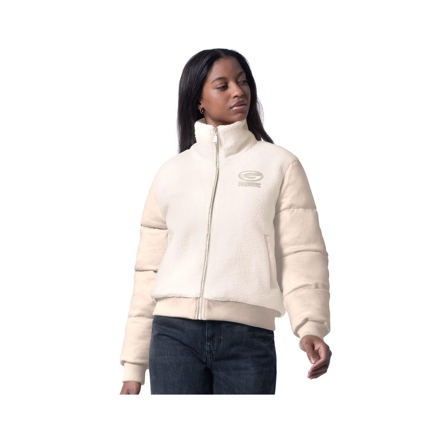 Women's Cream Green Bay Packers Cheerleader Sherpa Full-Zip Jacket