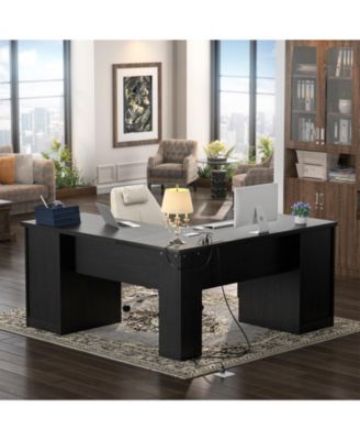 L Shaped Desk with Charging Station, Computer Desk Workstation with File Cabinet and Drawers for Office