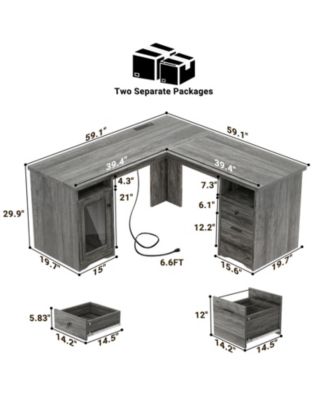 L Shaped Desk with Charging Station, Computer Desk Workstation with File Cabinet and Drawers for Office