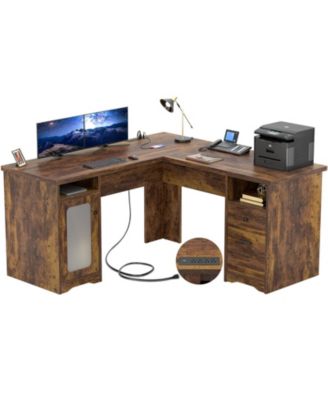 L Shaped Desk with Charging Station, Computer Desk Workstation with File Cabinet and Drawers for Office