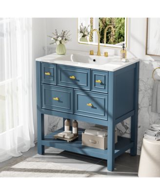 30-Inch Bathroom Vanity with Ceramic Sink Combo, Freestanding Single Vanity, 5 Drawers & Solid Wood Storage