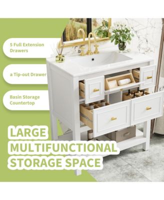 30-Inch Bathroom Vanity with Ceramic Sink Combo, Freestanding Single Vanity, 5 Drawers & Solid Wood Storage