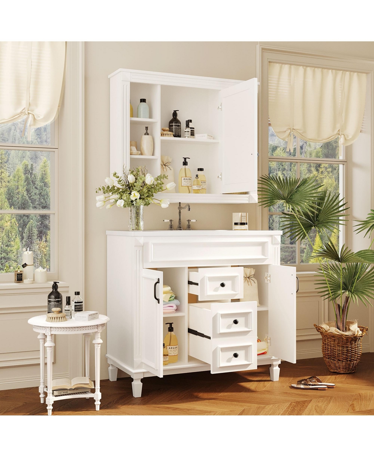 Casainc 36'' Bathroom Vanity with Top Sink, Mirror Cabinet, 2 Soft Closing Doors & Drawers