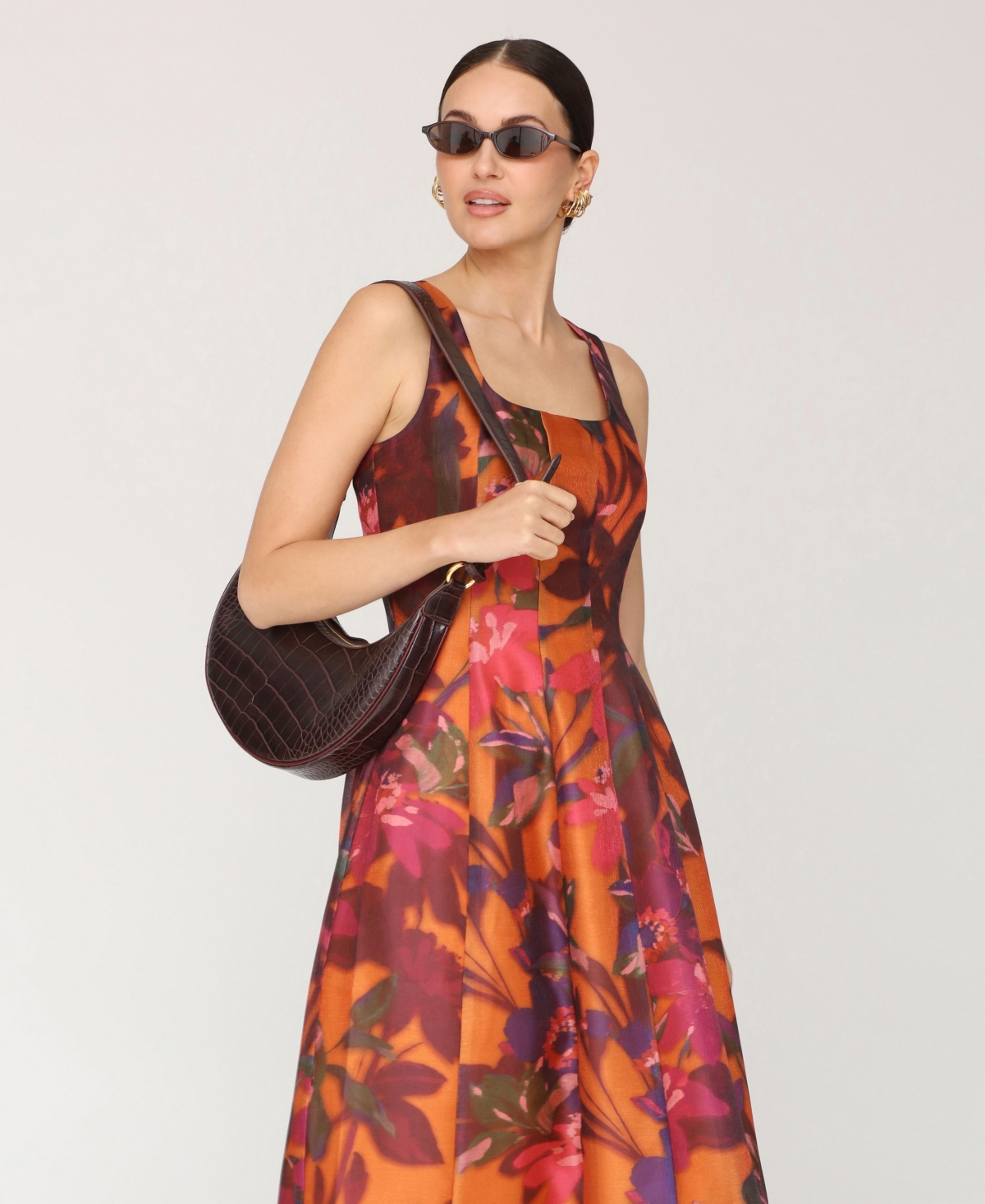 Avec Les Filles Print Sleeveless Lantern Midi Dress In Multi