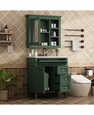 30'' Bathroom Vanity with Top Sink, Mirror Cabinet, 2 Drawers & Tip-out Drawer