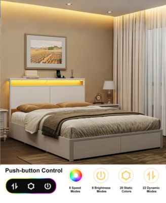 King Size Bed Frame with LED Storage Headboard & 4 Drawers & Charging Station White