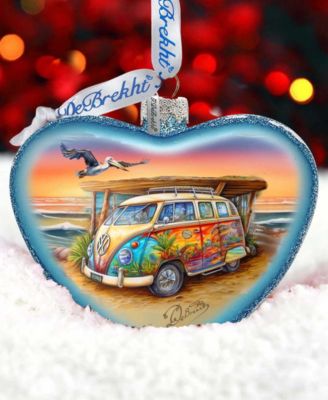 Surf Van Heart Glass Christmas Ornament
