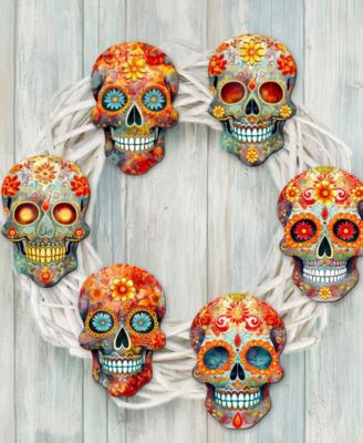 Sugar Skulls Wooden Clip-on Ornaments, Set of 6