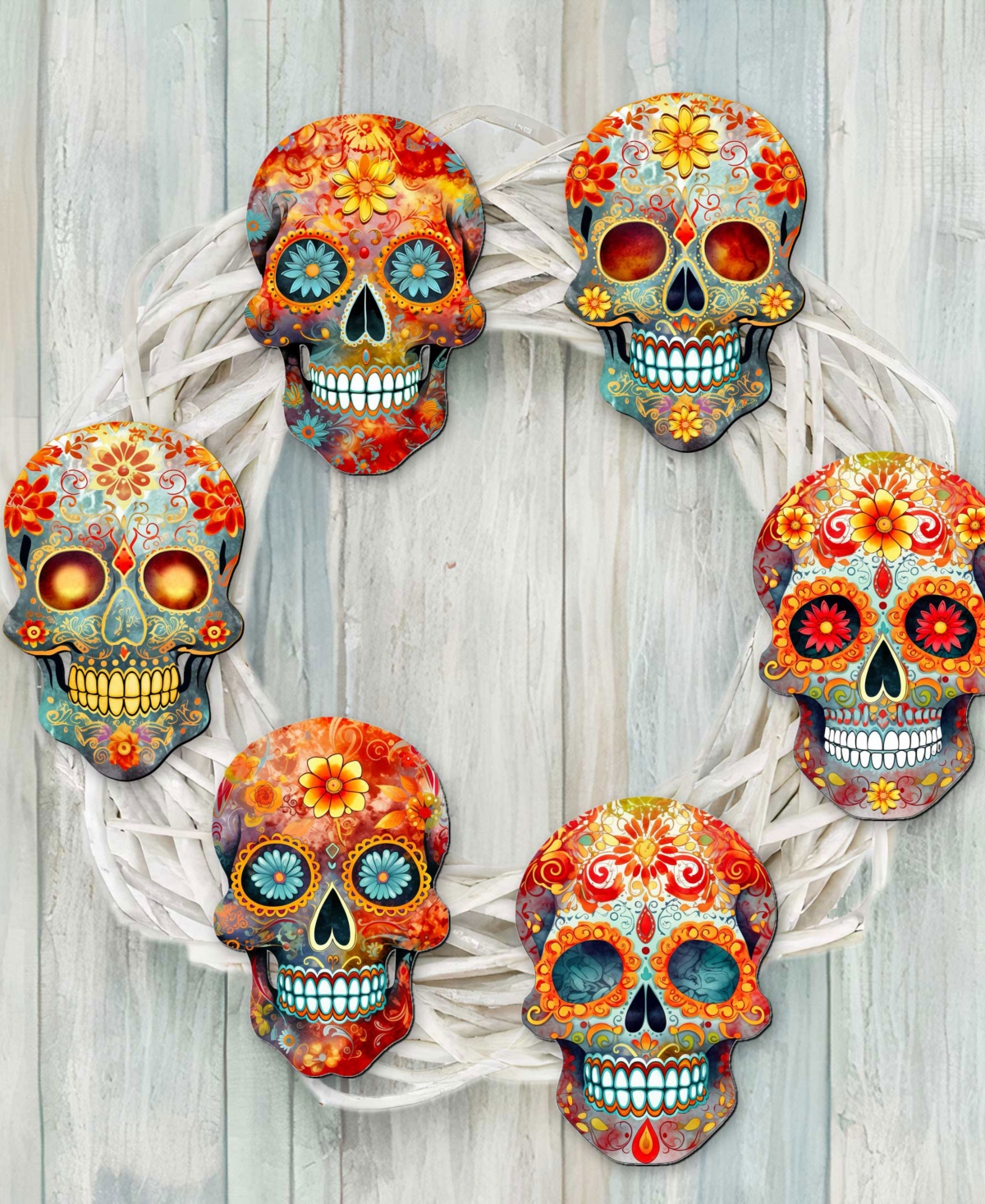 Designocracy Sugar Skulls Wood Clip-on Ornaments, Set Of 6 In Multi
