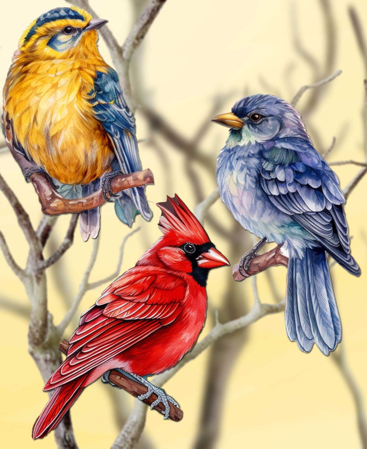 Designocracy Winter Birds Wood Clip-on Ornaments, Set 3 In Multi
