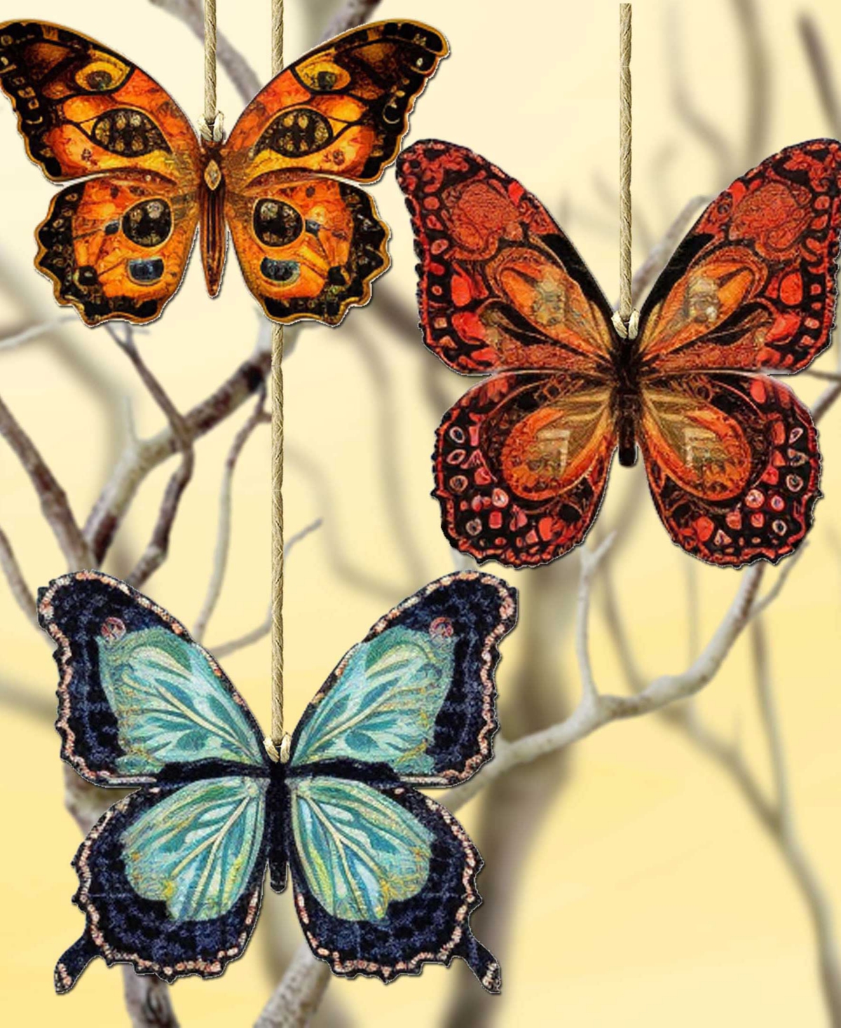 Designocracy Summer Butterfly Wooden Ornaments, Set Of 3 In Multi
