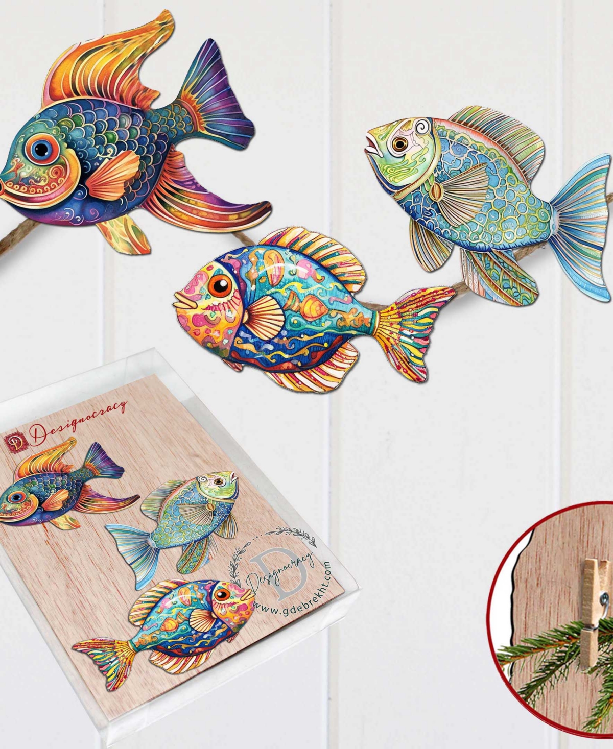 Designocracy Fish Wooden Clip-on Ornaments, Set Of 3 In Multi