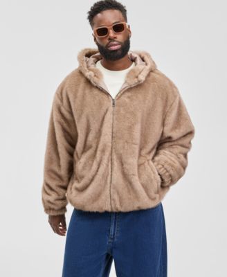 Mode of One - Men's Relaxed Fit Long Sleeve Zip-Front Faux Fur Hoodie