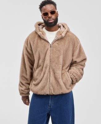 Mode of One Men's Relaxed Fit Long Sleeve Zip-Front Faux Fur