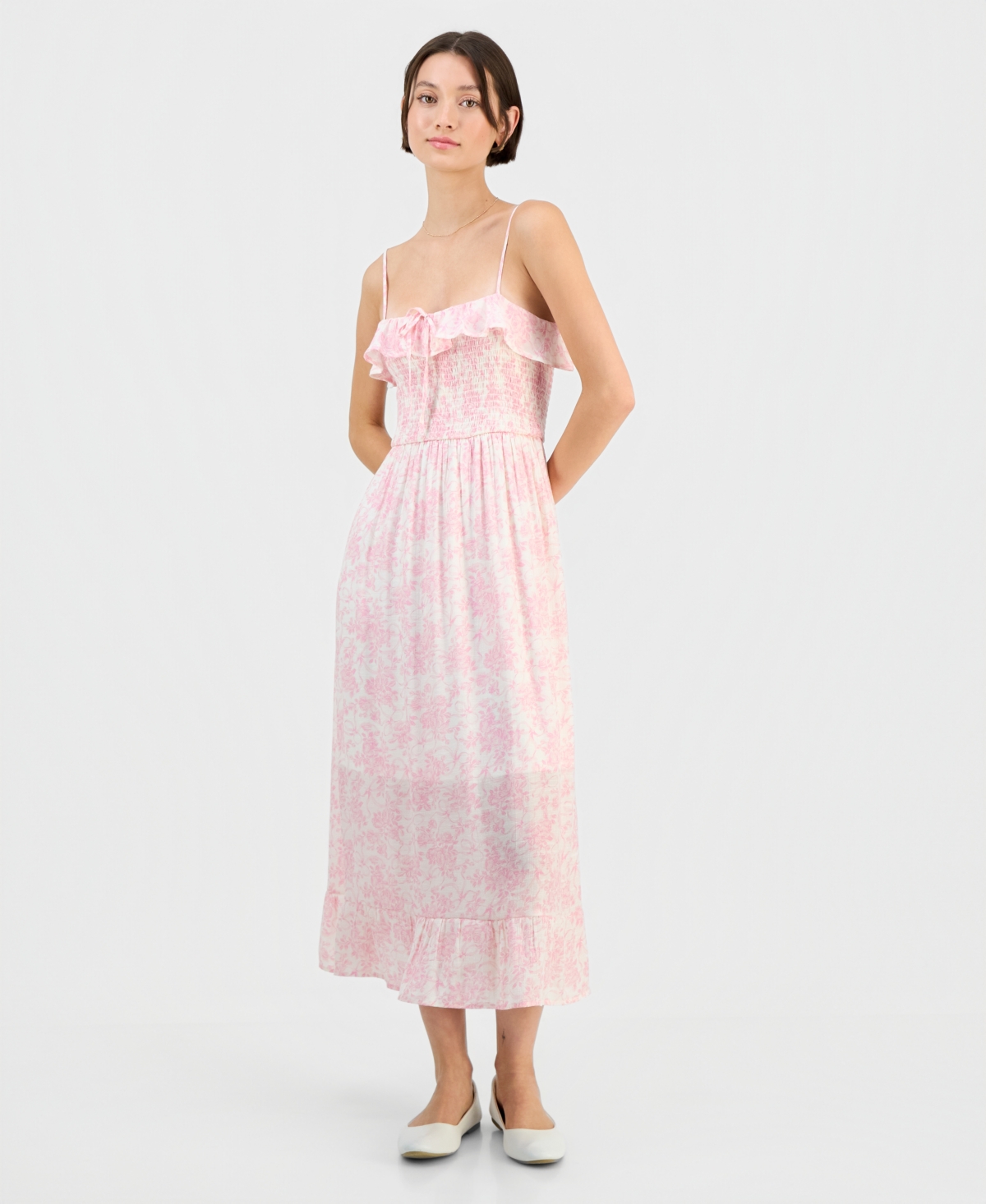 Sincerely Jules Juniors' Smocked Ruffled Floral Midi Dress In Pink