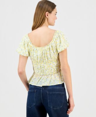 Juniors' Floral Print Short Sleeve Woven Top