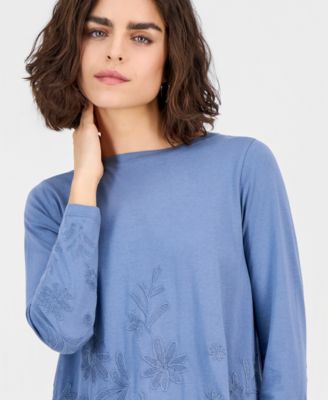Women's Embroidered Boat-Neck Long-Sleeve Top, Macy's Exclusive 