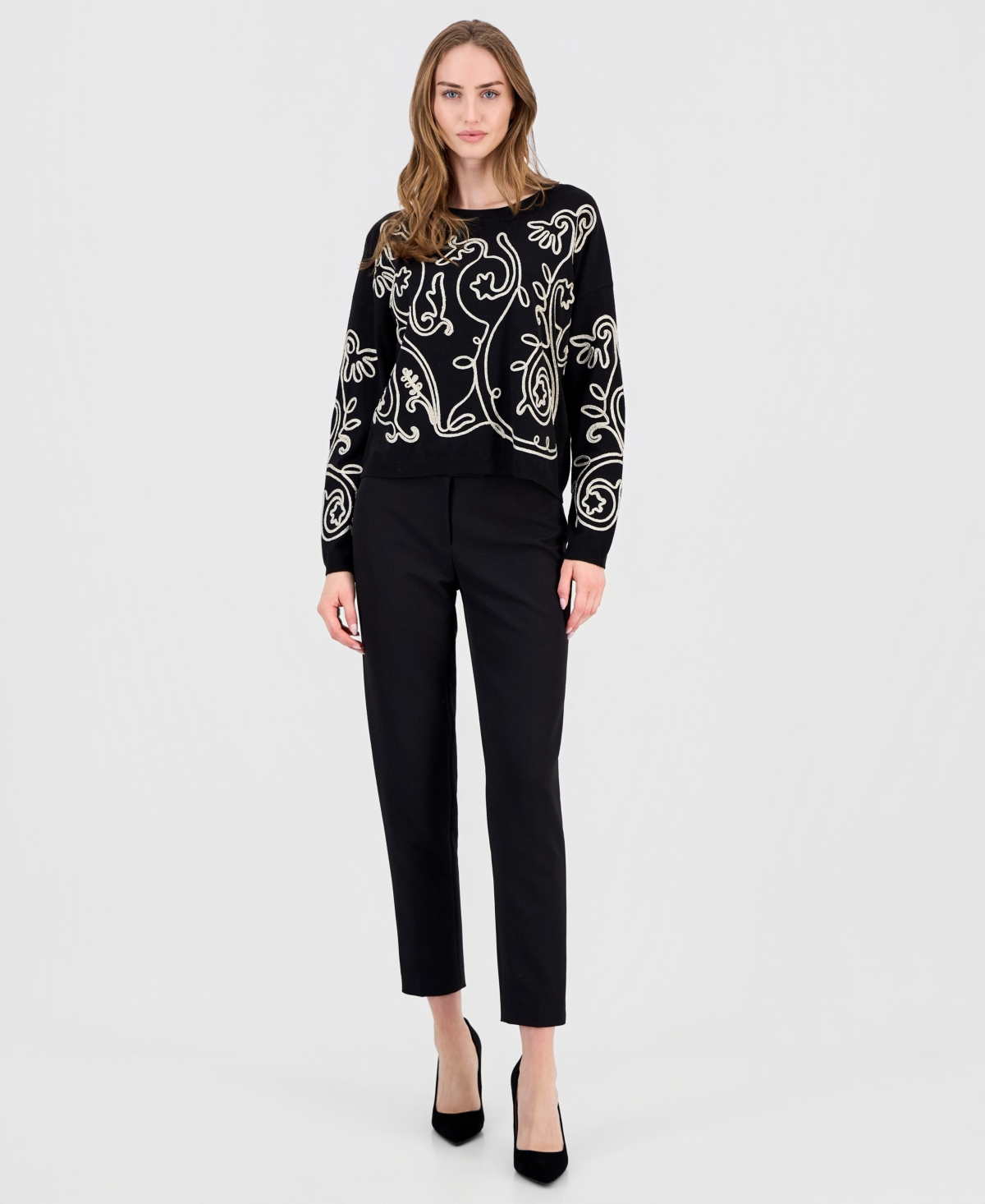 T Tahari Women's Soutache Crewneck Sweater