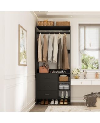 30" Freestanding Closet Organizer with Hanging Rods and Drawers, Closet System with Storage Shelves