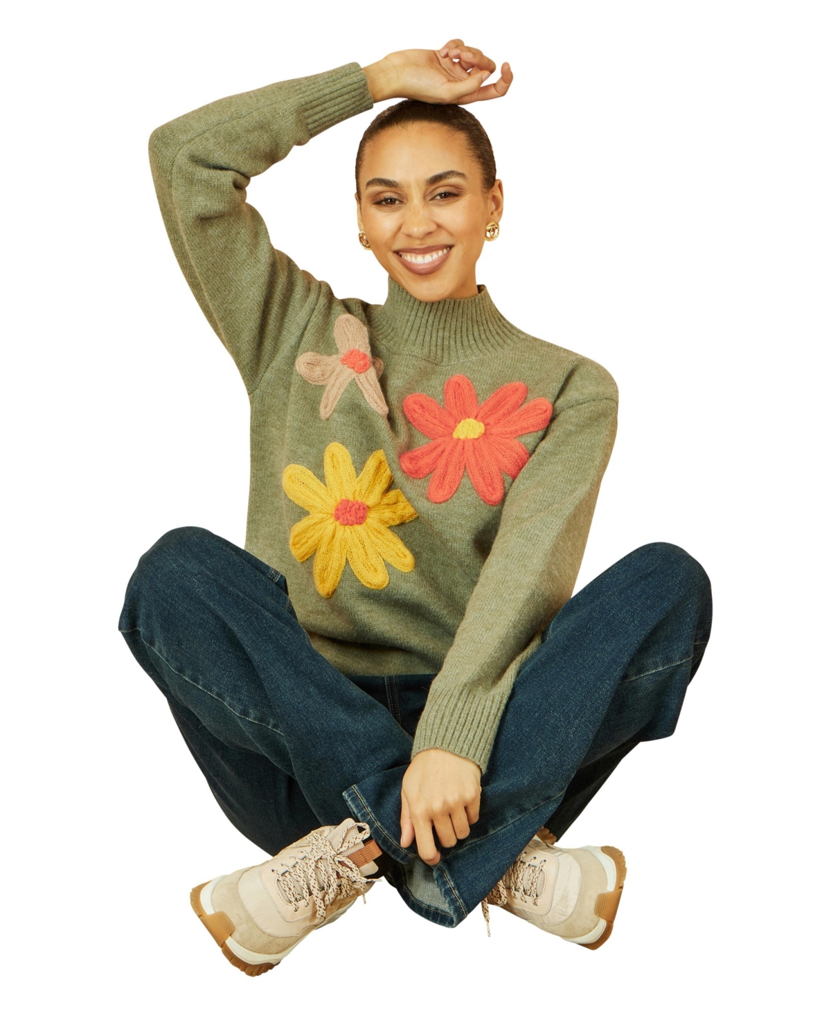 Yumi Women's Floral Detail High Neck Knit Sweater