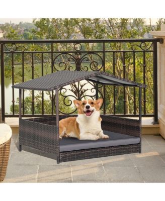 Wicker Dog House w/ Cushion Lounge Raised Rattan Bed for Indoor/Outdoo