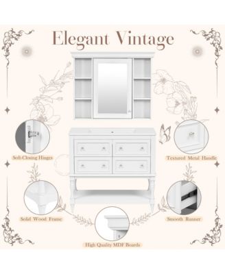 36" Solid Wood Bathroom Vanity with Mirror Cabinet, Adjustable Shelves and Drawers