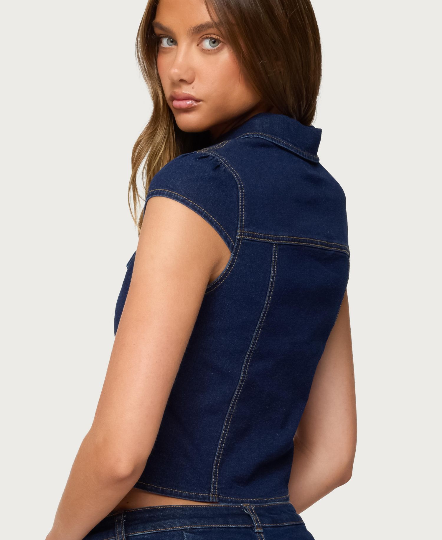Women's Contrast Stitch Button Up Denim Shirt