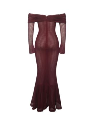 Women Kaedyn Burgundy Off Shoulder Long Sleeve Crochet Mermaid Maxi Dress