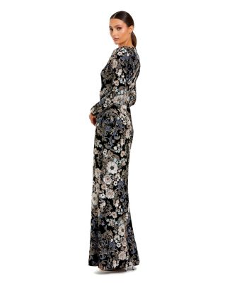 Women's Embroidered Velvet Long Sleeve Scoop Neck Gown