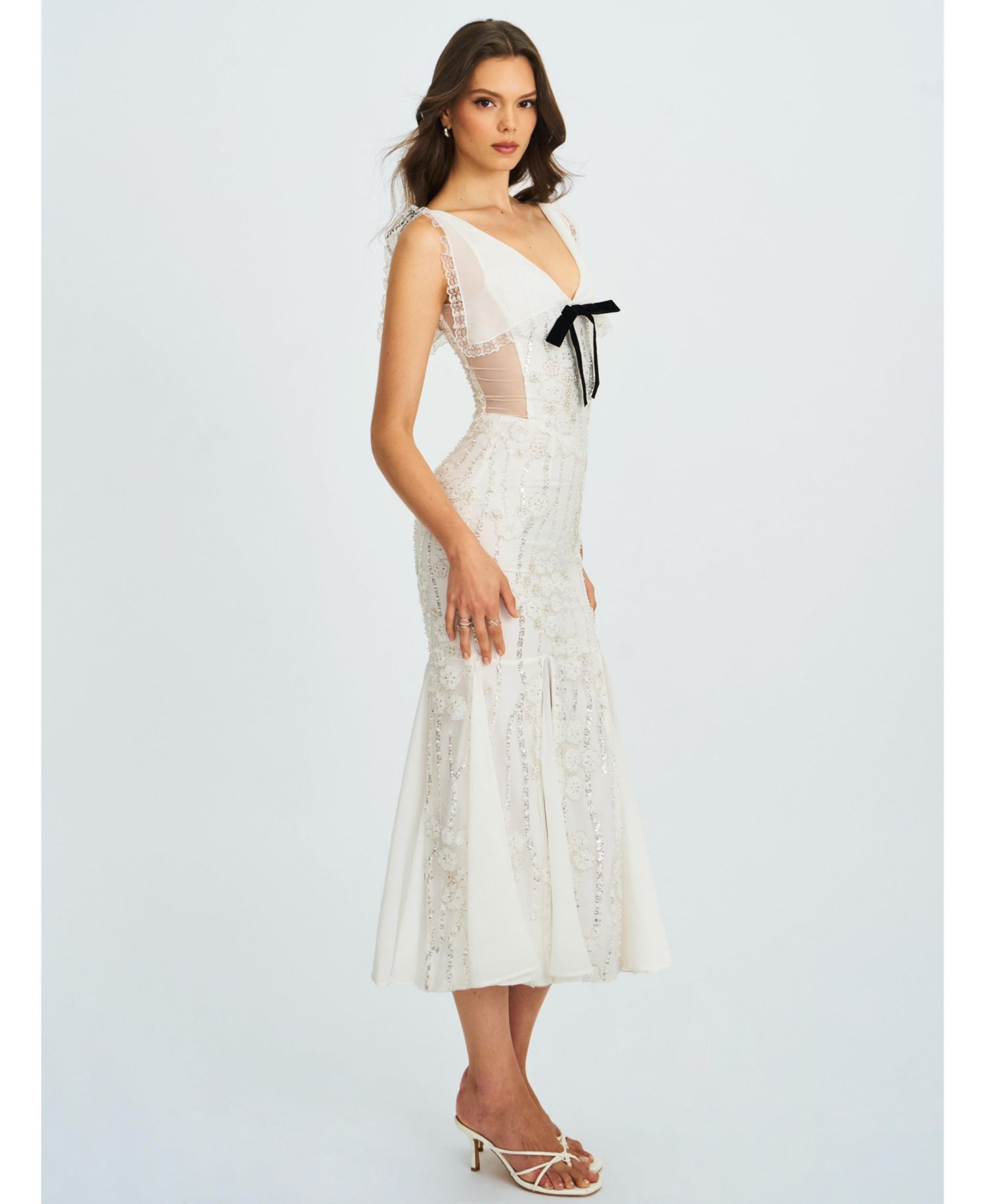 Women Paola White Peter Pan Collar Beaded Sequin Mermaid Midi Dress