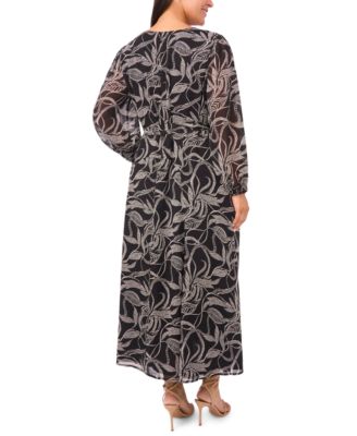 Plus Size Tropical Print Long Sleeve Maxi Dress
